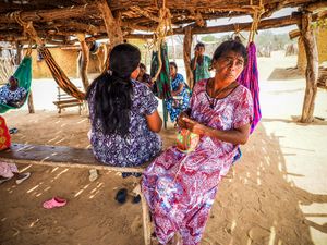 The inhabitants of the Wayuu village Manaure make their homes in cactus-thatched huts bound together as "rancherías", furnished with little more than rope hammocks called "chinchorros", and a fire pit for cooking.
