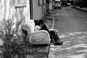 Children studying on the sofa in the street, İzmir, 18.9.2008