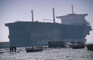 Tanker ship being recycled for steel and spare parts, Near Chittagong, Bangladesh