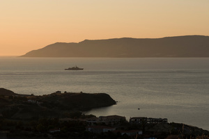 The Greek Coast Guard patrol the waters at the northeastern part of Lesvos island. Refugees have been choosing this crossing as it is only 6 miles. Lesvos, Greece, May 16, 2016.