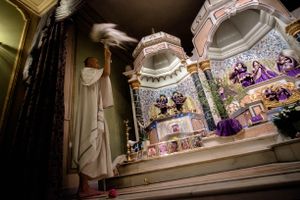 A pujari offers the fly whisk to the Deities that reside in Radhadesh