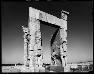 Eastern doorway of the Gate of Xerxes (Gate of All Lands), bearing Assyrian-style guardian winged bulls (lamassu). Persepolis (518-330 BC), Fars Province, Iran, 2014.