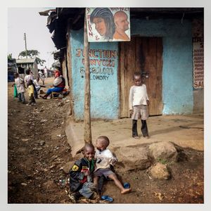 Children play outside a house in Kibera. The Kibera slum is the largest slum in Nairobi with around half a million inhabitants.