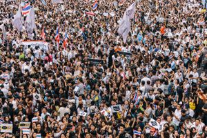 Anti-Government protesters demonstrate against a proposed "Amnesty Bill" which could overturn the conviction of former Prime Minister Thaksin Shinawatra.