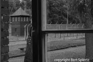Auschwitz, view through a window in a barrack