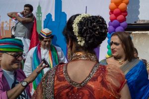 some of India's key LGBT activists before the start of Mumbai's gay pride march this year - In blue is transgender activist Laxmi Narayan Triathi.