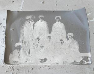 Old photographs of coal miners found in the abandoned buildings in Pyramiden.