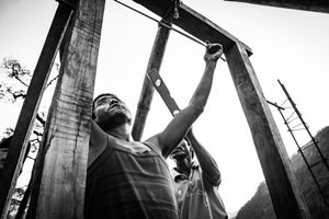 Men rebuilding houses destroyed by the largest earthquake in Nepal in more than 80 years. Baluwa, Gorkha District.
