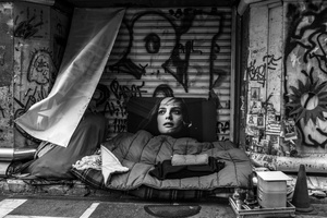homeless bed on boulevard, Athens 2016