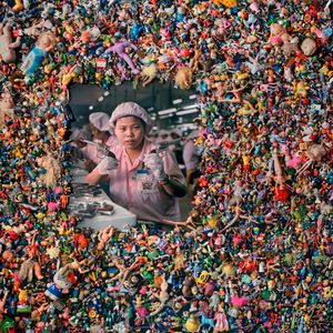 From the series "The Real Toy Story," Wolf's first major art project. The work was inspired by Wolf's childhood fascination with plastic toys (which were forbidden to him by his parents). By scouring the California coast, Wolf gathered over 20,000 toys which, when combined with portraits of Chinese workers, produced his first investigation into the broader contours of urban life.