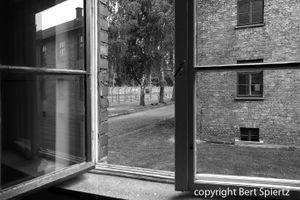 Auschwitz, view through a window in a barrack