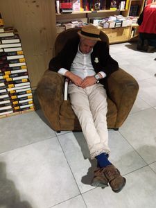 Sleeping in a bookshop.