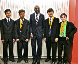 George Walker on the occasion of his 90th Birthday after receiving an award at ASCAP along with the national student winners photographed at Alice Tully Hall, Lincoln Center, New York.