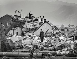 Banda Aceh, Indonesia (2005). A man walks amidst destruction, where the city once stood,  until a few days before, until the Tsunami of December 26, 2004.