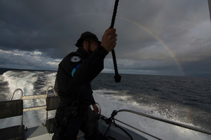 Frontex officers patrol between Greece and Turkey at the northern part of Lesvos island for refugees trying to make the crossing into Europe.