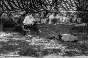 Office in a suitcase by the Danube canal, Vienna