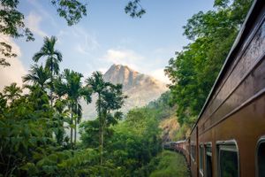 Passengers on thr train from Colombo to Kandy in Sri Lanka are greeted by impressive views of Alagalla mountain.