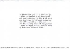 1992, back text, by Wendell Berry, from his poem “Letter [3.]” in "The Wheel" (1982: North Point Press, San Francisco).
