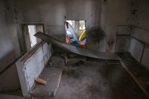 Tents set up in an abandoned home near the Macedonian border at Evzoni, Greece. March 24, 2016.