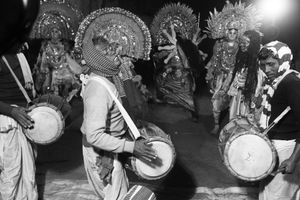 The dance is accompanied with local folk melodies played by instruments like the reed pipes 'mohuri', 'shehnai', 'drum' etc.