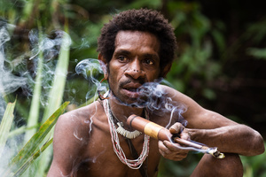 Korowai man enjoying his pipe after cutting a sago palm tree. West Papua - Indonesia
