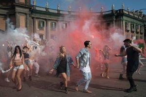 Emiliana Cantone, Alessio and Tony Colombo - the top stars of the neomelodic scene - during the shooting of the video "Acaricia mi cuerpo" in the center of Naples.