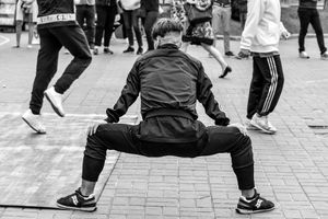 Kyiv, center, downtown.  Each afternoon year around 'break dancers' create exhibition athletic 'dance' and tumblikng 'demonstrations for large crowds that gather and provide support.