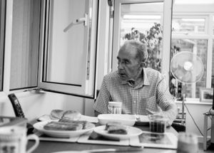 The effects of the medication can cause hallucinations. Here my father believes he can see another person in the next door room.