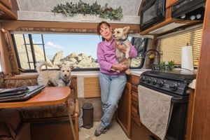 Debbie with Elliot & Rupert. Alabama Hills, CA.   ©David Gardner