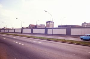 A Trabant skirts the Berlin Wall in east Berlin