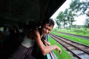 A passenger on the "Circular Railway" in Yangkok, Myanmar.