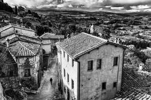 A view toward the Tempio di San Biagio and Val D'Orcia beyond
