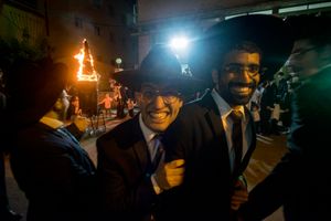 Yeshiva students (yungerleit - young people) pose for a commemorative photograph