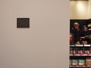 brass plaque by Jenny Holzer, and gift shop, St Louis Art Museum, St Louis, Missouri, 2019,