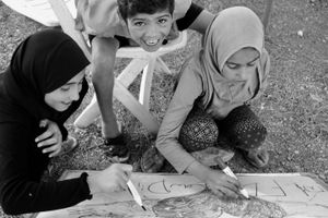 Amel mobile school bus class at a Syrian Refugee Camp near Khiam, South Lebanon. 2018.