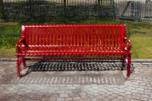 Three red metal benches, Helsinki, 2011