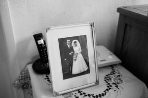 A wedding pictures sits on display in the hall.