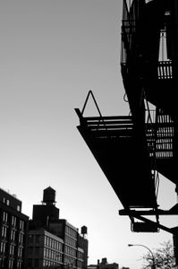 Cast iron fire escape with water towers in background, NYC
