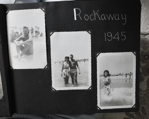 Close-up of photographs taken with Gramps at Rockaway Beach in Queens, New York in 1945. There are hand-written notes on the back of most photos with more information on who is in the photo and where it was taken.