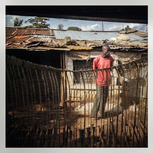 A man stands outside a house in Kibera. The Kibera slum is the largest slum in Nairobi with around half a million inhabitants.