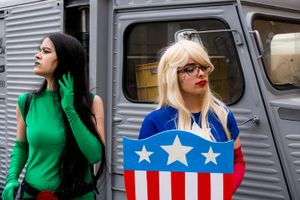 Two girls dressed with the costumes of their favorite heroes. Barcelona. 2016