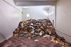 Phnom Penh, Cambodia.Dec 2011. Railway network under rehabilitation. Railway station, old documents stacked in a room. The railway station of Phnom Penh, in 1975, has been the first headquarter of the Khmer Rouge Regime.