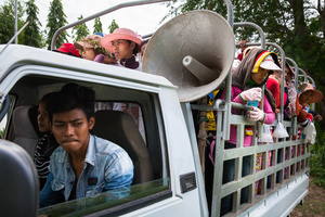 Garment Factory workers get ready to travel to Sabrina Factory to continue their strike, which started on May 25, 2013. They demand a $5/month salary increase.