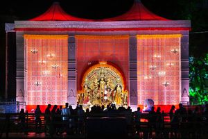 A Gorgeous Puja Pandal decorated with various designs and lights. Such pandals takes many days to complete and the organizers spends high amount on decorations.
