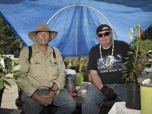 James Ammons and Julian Bates are cousins working at James' plant stand at Uncle Bill's Flea Market in Whittier, North Carolina on June 6, 2015.
