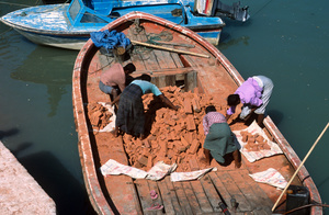 Workers sorting brick rubble transported in a boatMoheskhali island near Cox's Bazaar, Bangladesh