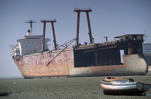 Tanker ship being recycled for steel and spare parts, Near Chittagong, Bangladesh
