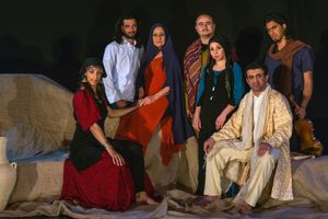The cast of “Kheil Tayha” (Lost Horses) - Yasmin Hammar, Ihab Zahdeh (director), Reem Talhami, Raed Al Shyoukhi, Hanin Taraby, Mohammed Titi and Noor Al Raee (music) - after the final dress rehearsal. “Kheil Tayha,” by Adnan Al Odeh, weaves together stories and songs about love, sadness, passion and longing reflecting on the life and traditions in the ash-Sham desert.  © David Brunetti