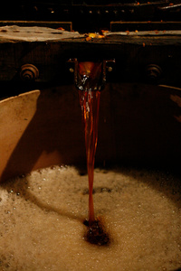 Apple juice pours out of the press into a vat