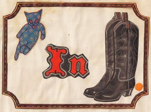 "Puss in Boots" rebus scrapbook by Helen Ardrey, title page (closeup).